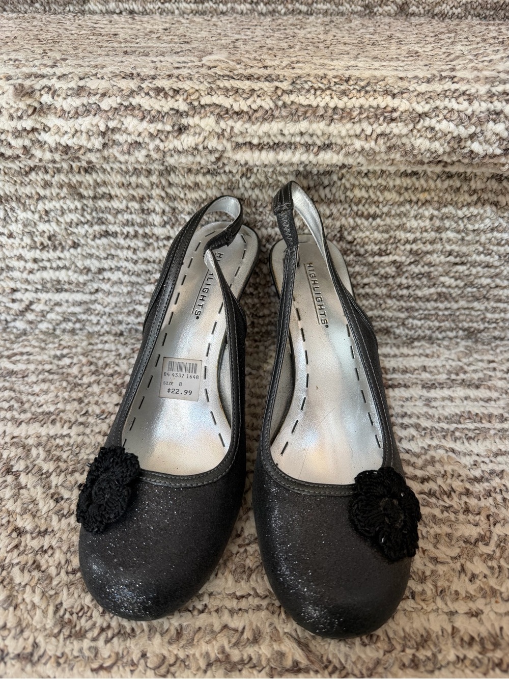 Black Glitter Slingback Heels with Crochet Flower Accent
